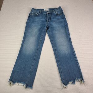 We The Free Maggie Mid Rise Straight Blue Women's Size 27 Button Fly Chewed Hem